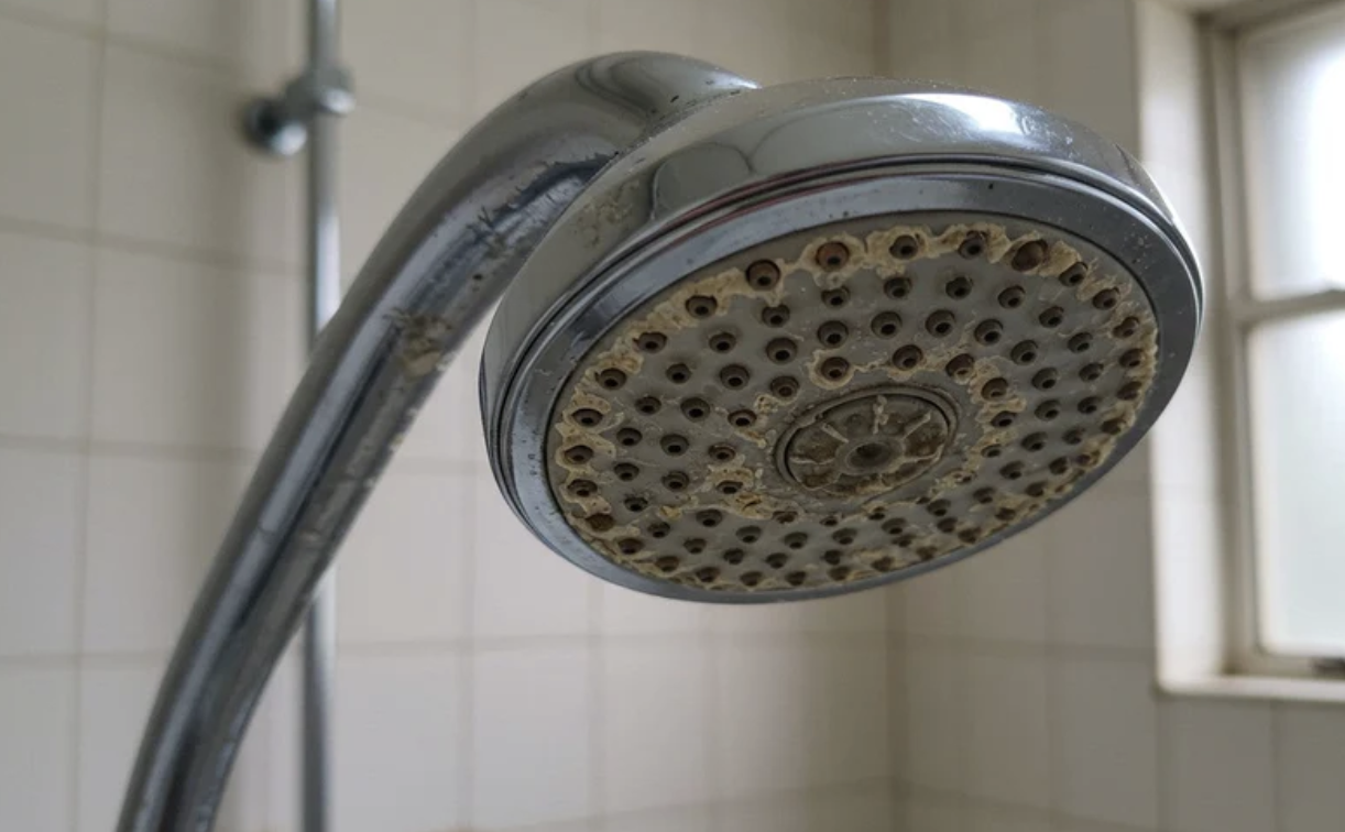 Old showerhead caked with limescale and mineral buildup