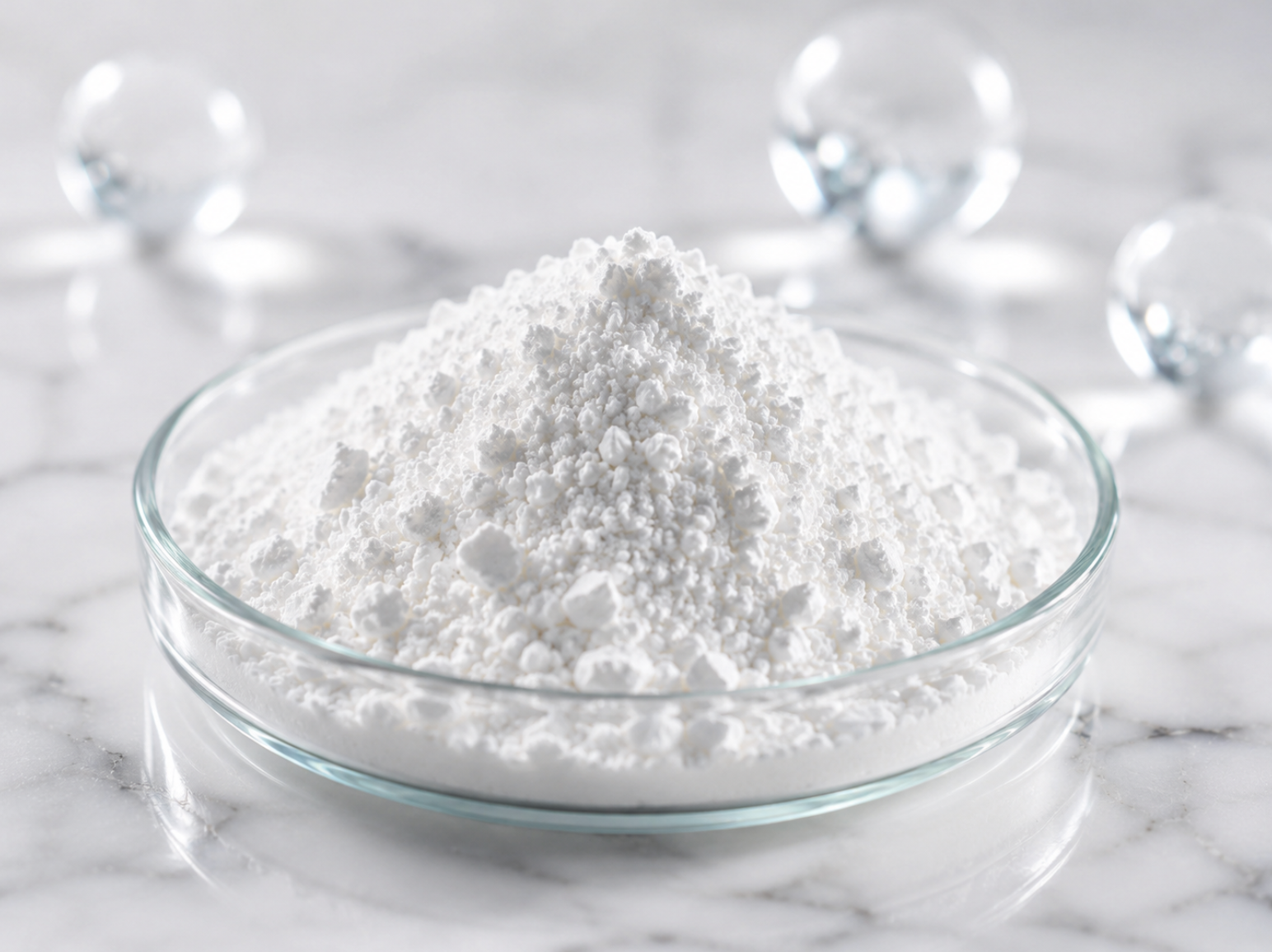 Calcium sulfite powder in a glass dish