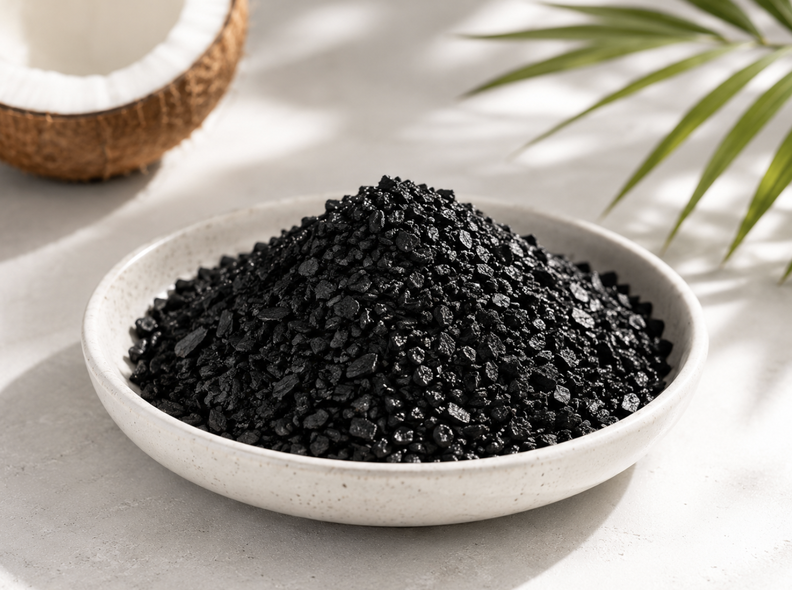 Coconut activated carbon granules in a ceramic dish