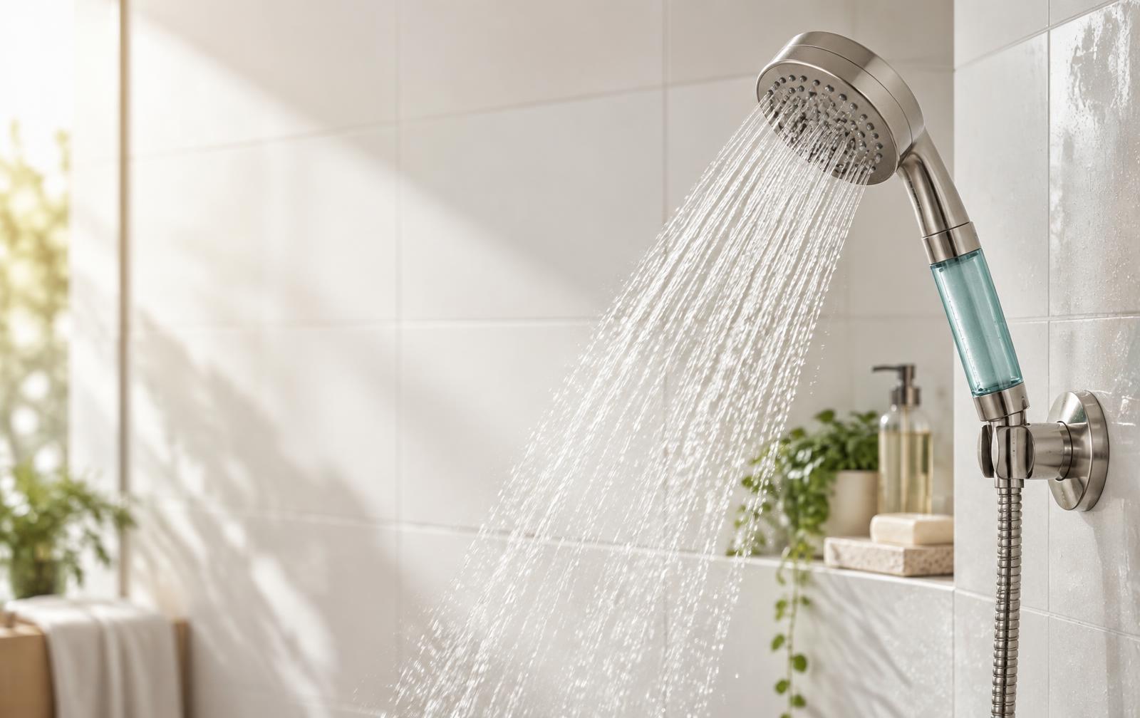 Hydrova filtered showerhead in a bright tiled shower