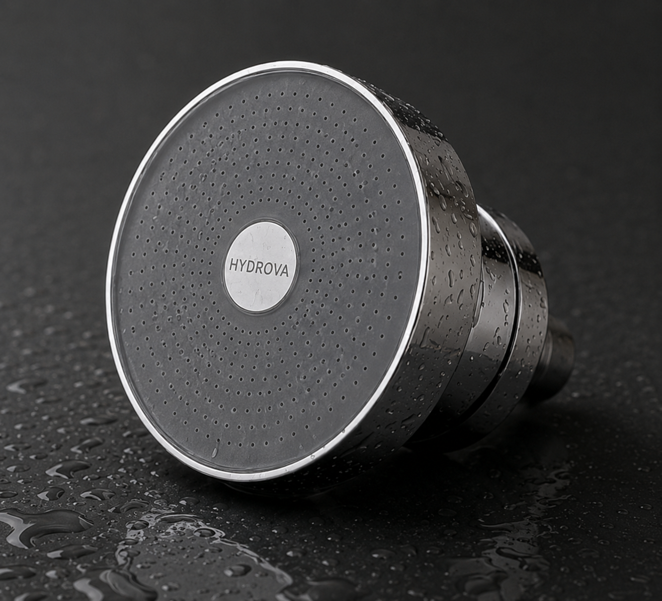 HYDROVA chrome filtered showerhead on marble background