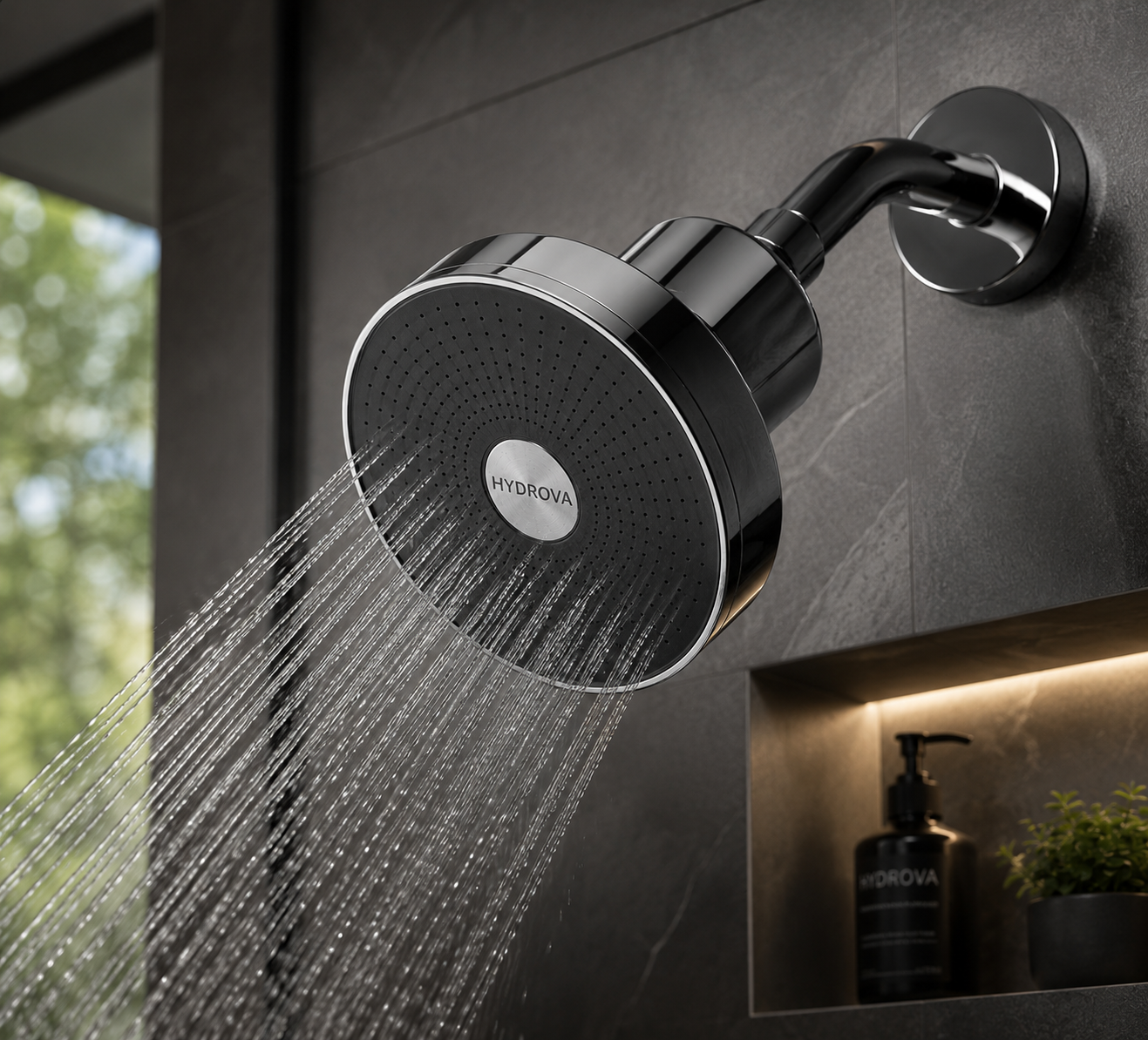 HYDROVA filtered showerhead in a modern bathroom